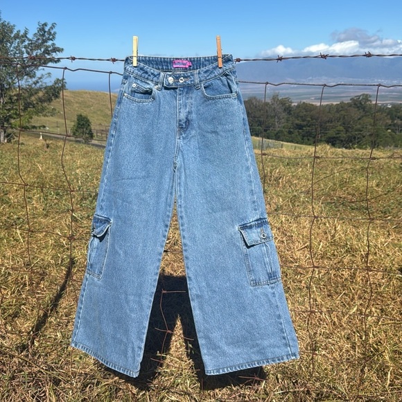 Edikted Denim - Edikted Deliah Denim Jeans Y2k Grunge Blue  Cargo Wide leg Jeans XS